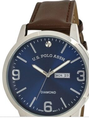 U.S. Polo Assn. Navy Dial Silver Case Brown Leather Strap Watch